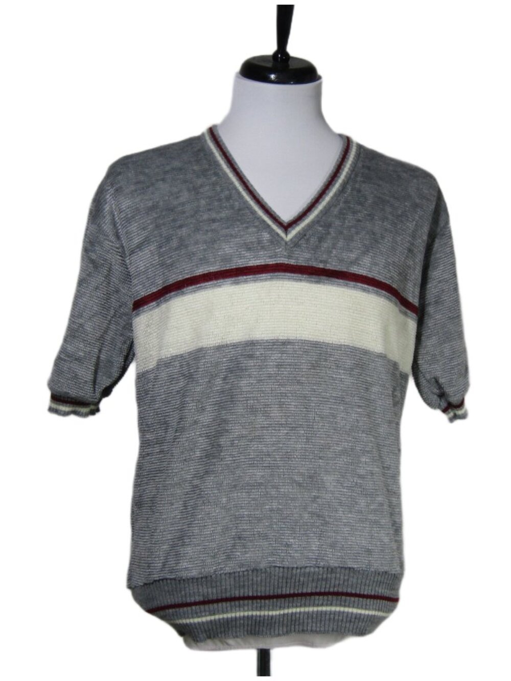 VTG 70s Mens Chenille Retro Groovy Rockabilly Grunge Stripe V neck Shirt Top S M